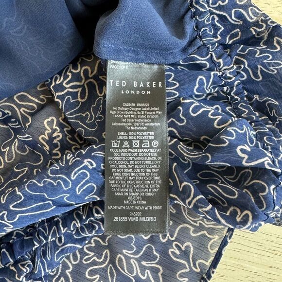 Ted Baker Mildred Blouse Balloon Sleeve Navy Beige Peasant Sheer Top Size 2 US 6 - Picture 6 of 14